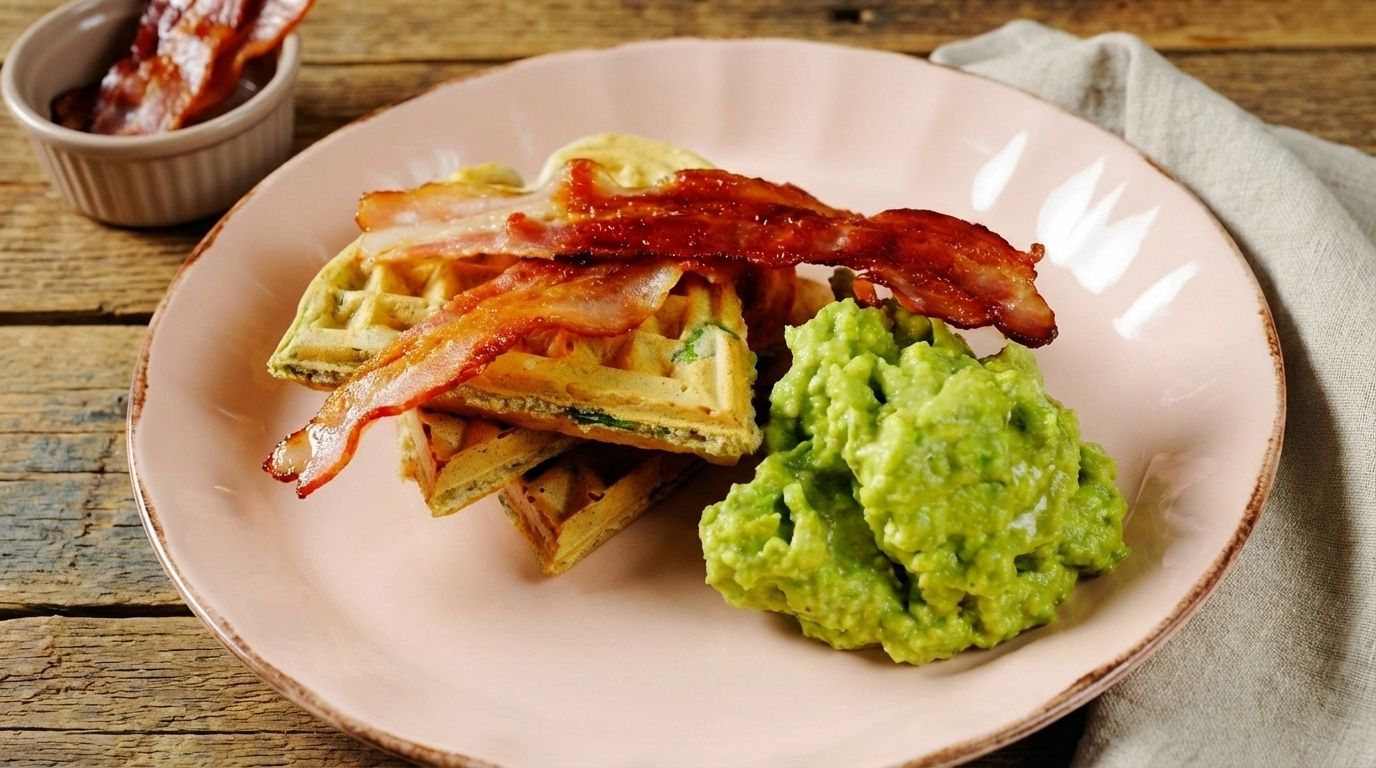 Spenatvåfflor med knaperstekt bacon och avokadodipp