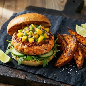 Laxburgare med mangosalsa och rostad sötpotatis