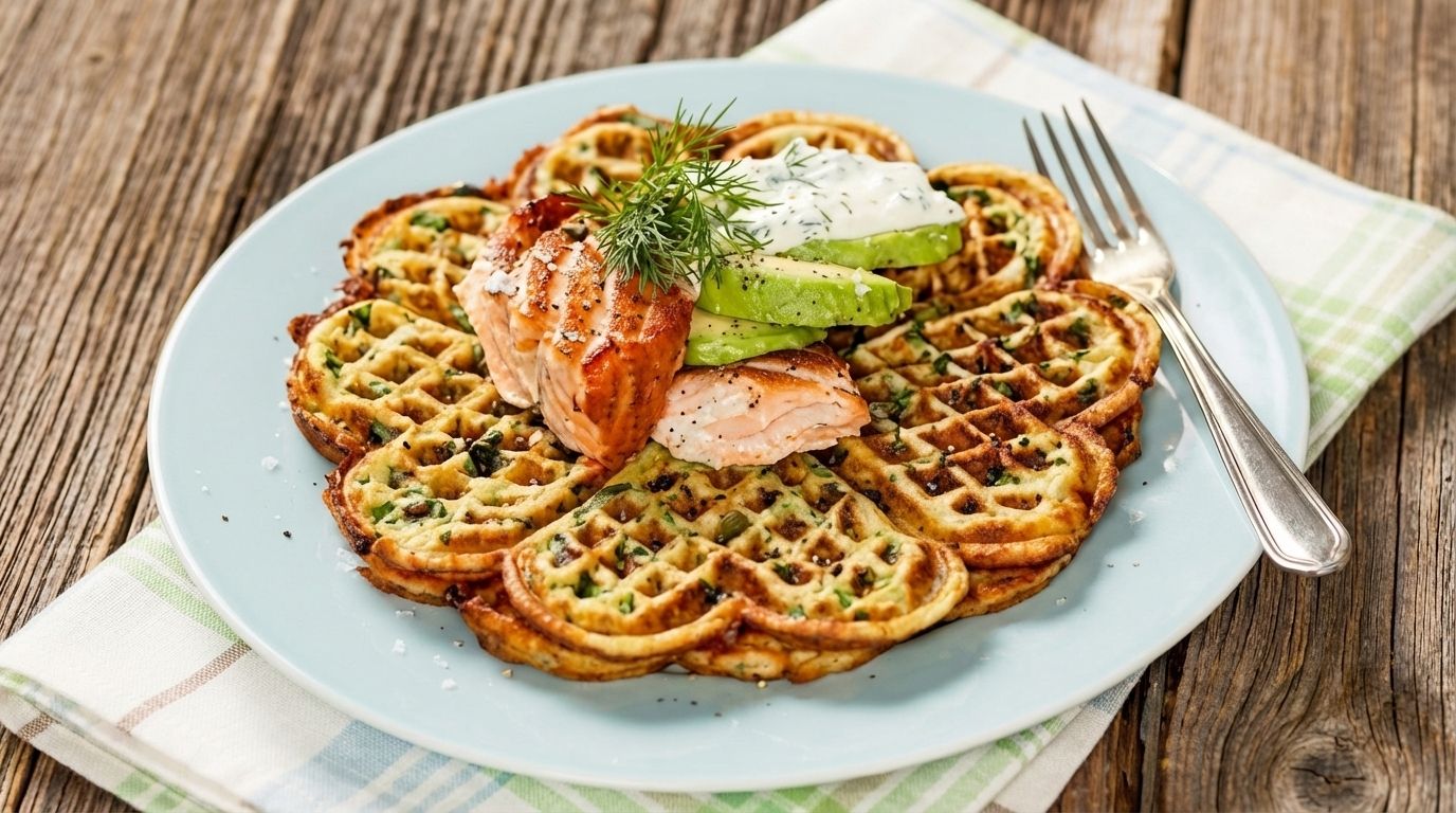 Spenatvåfflor med avokado och varmrökt lax
