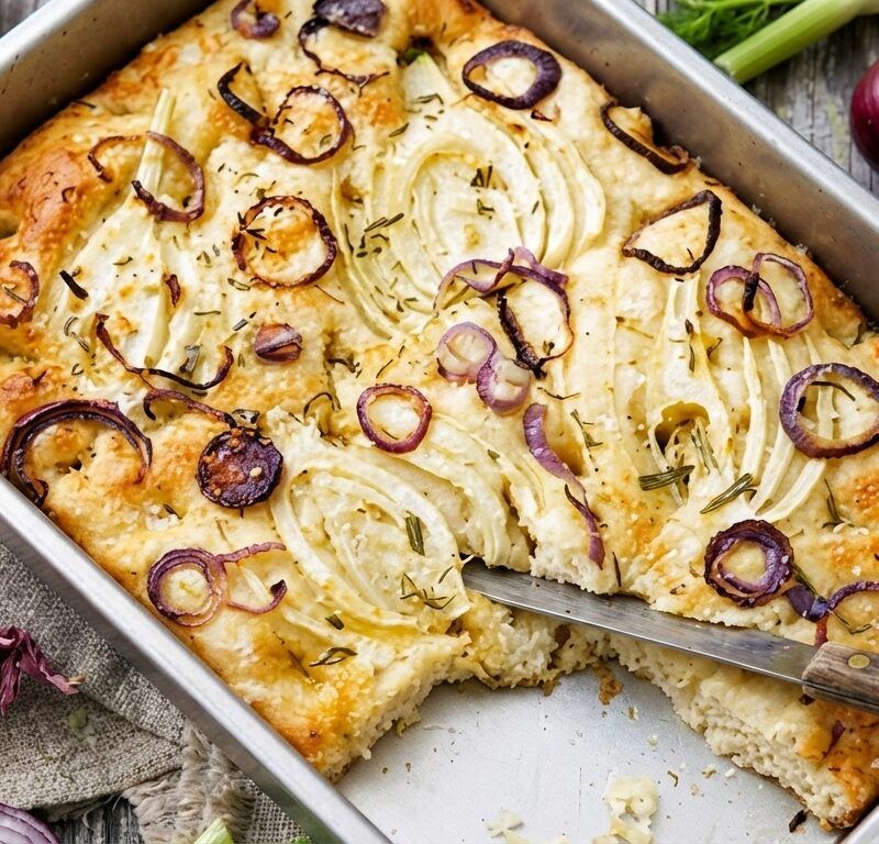 Focaccia med rödlök och fänkål